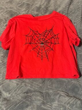 SHEIN Red Graphic Crop Tee with Black Print